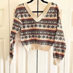 Zaful Orange & Black Pattern V Neck Back Crop Pullover Sweater Size Medium